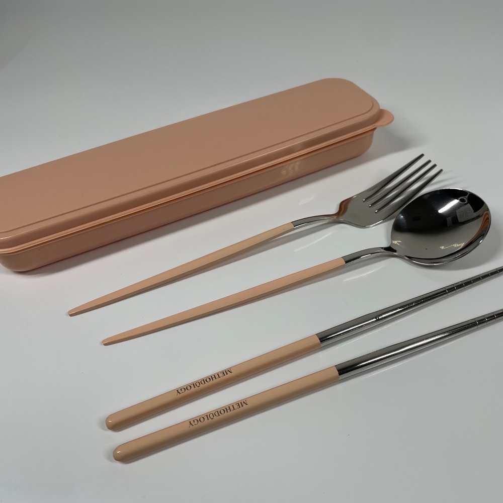 Methodology Portable Utensil Set Peach Pink Stainless Steel Travel Cutlery Case
